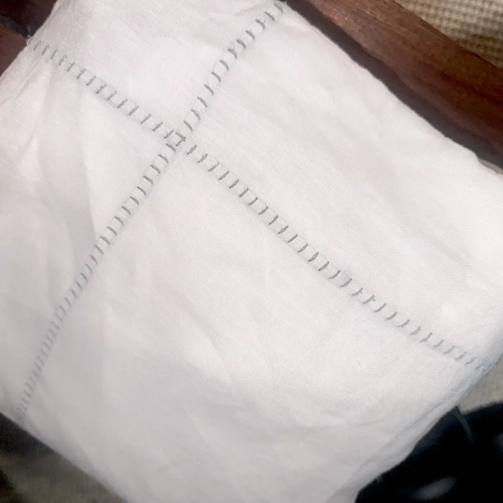 Anthropologie stitched organic linen duvet cover twin Dorm white grey embroidery
